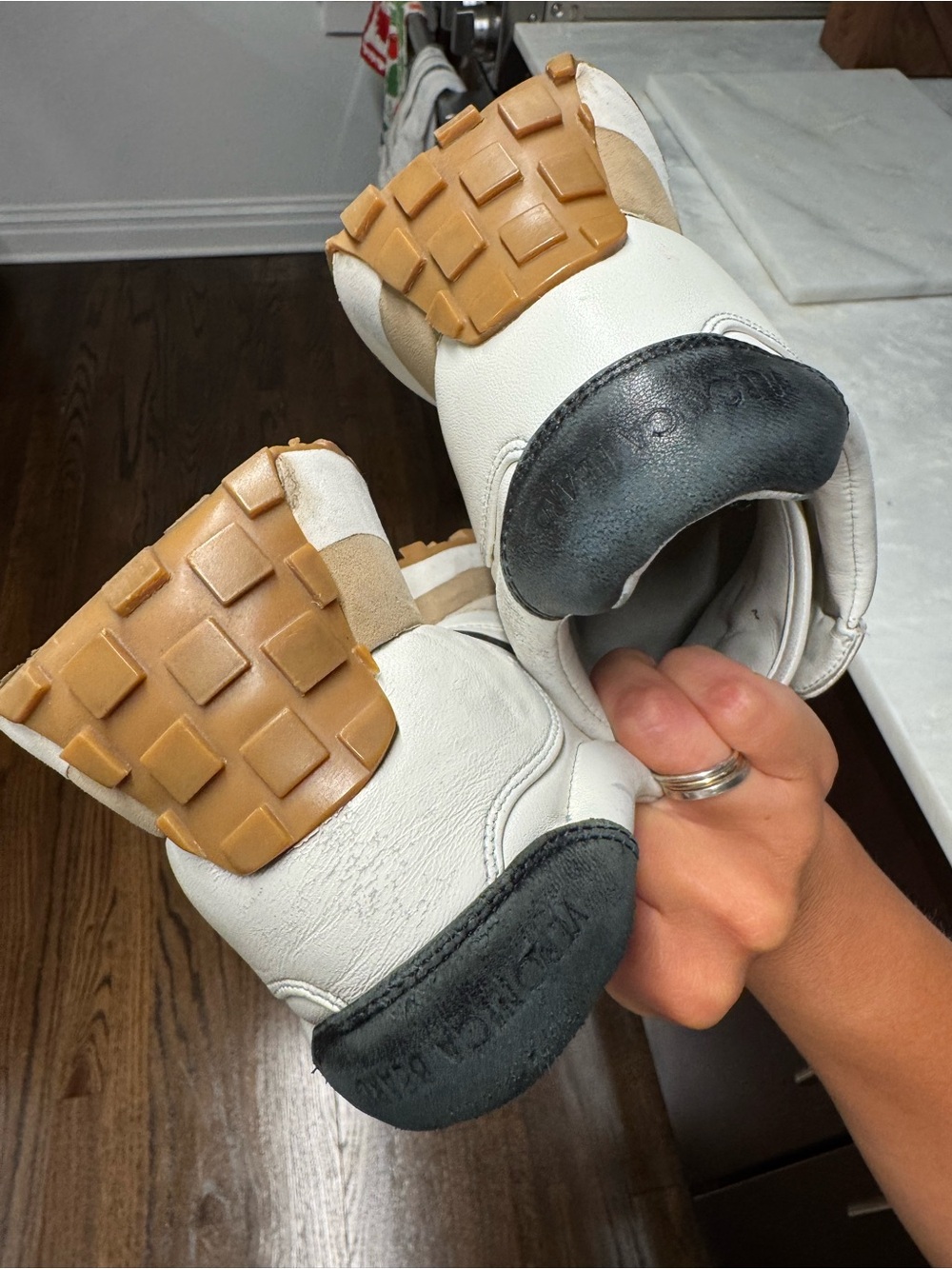 Veronica Beard Valentina White Sneakers with Tan Platform and Navy Accents - Picture 9 of 10